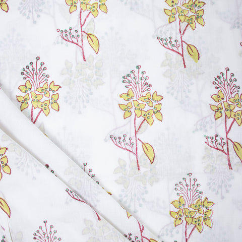 Yellow Floral Print Hand Block Cotton Fabric - 1stFabric