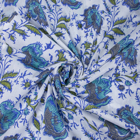 Blue Floral Print Hand Block Cotton Fabric - 1stFabric
