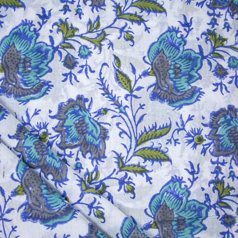 Blue Floral Print Hand Block Cotton Fabric - 1stFabric