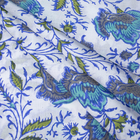 Blue Floral Print Hand Block Cotton Fabric - 1stFabric