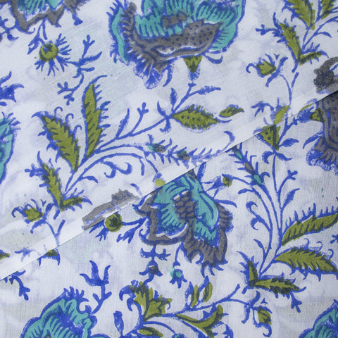 Blue Floral Print Hand Block Cotton Fabric - 1stFabric