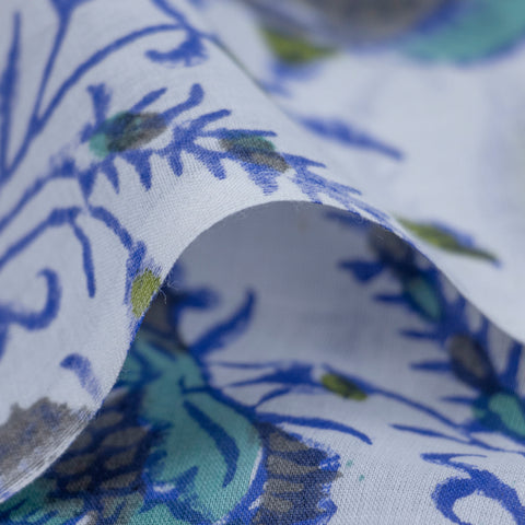 Blue Floral Print Hand Block Cotton Fabric - 1stFabric