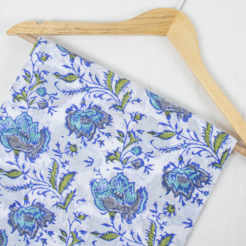 Blue Floral Print Hand Block Cotton Fabric - 1stFabric
