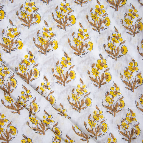 Yellow Floral Print Hand Block Cotton Fabric - 1stFabric