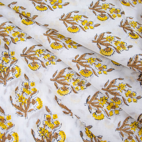 Yellow Floral Print Hand Block Cotton Fabric - 1stFabric