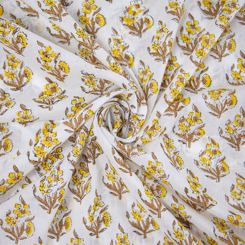Yellow Floral Print Hand Block Cotton Fabric - 1stFabric