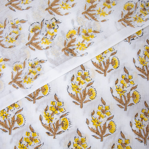 Yellow Floral Print Hand Block Cotton Fabric - 1stFabric