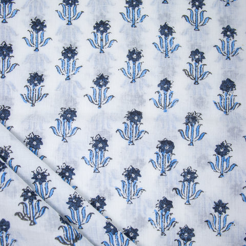 Blue Floral Print Hand Block Cotton Fabric - 1stFabric
