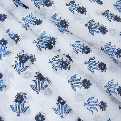 Blue Floral Print Hand Block Cotton Fabric - 1stFabric
