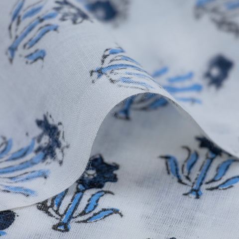 Blue Floral Print Hand Block Cotton Fabric - 1stFabric