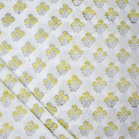 Yellow & Blue Floral Print Hand Block Cotton Fabric - 1stFabric