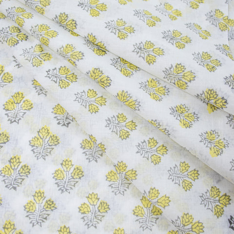 Yellow & Blue Floral Print Hand Block Cotton Fabric - 1stFabric