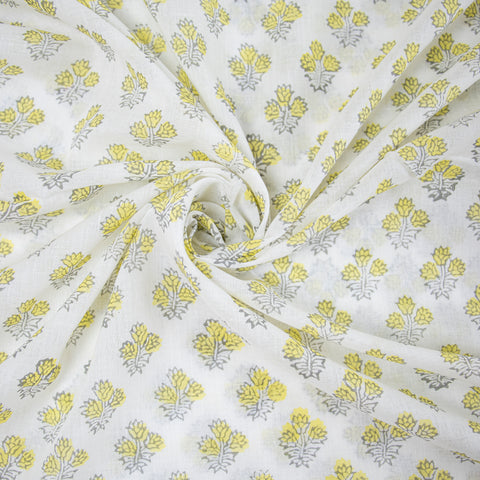 Yellow & Blue Floral Print Hand Block Cotton Fabric - 1stFabric