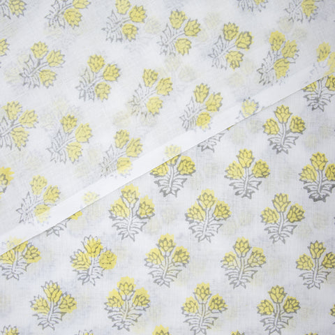 Yellow & Blue Floral Print Hand Block Cotton Fabric - 1stFabric