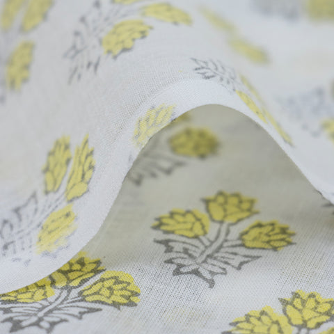 Yellow & Blue Floral Print Hand Block Cotton Fabric - 1stFabric