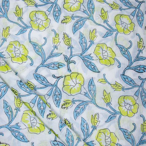 Yellow Floral Print Hand Block Cotton Fabric - 1stFabric