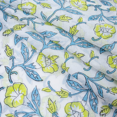 Yellow Floral Print Hand Block Cotton Fabric - 1stFabric
