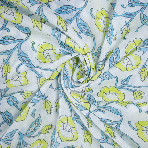 Yellow Floral Print Hand Block Cotton Fabric - 1stFabric