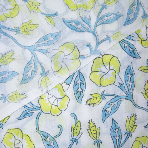 Yellow Floral Print Hand Block Cotton Fabric - 1stFabric