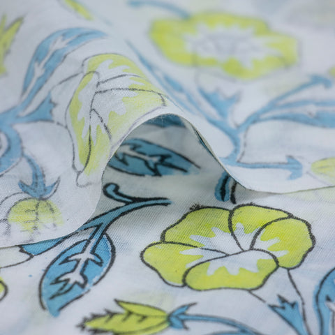 Yellow Floral Print Hand Block Cotton Fabric - 1stFabric