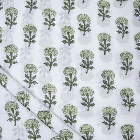 Green & White Floral Print Hand Block Cotton Fabric - 1stFabric