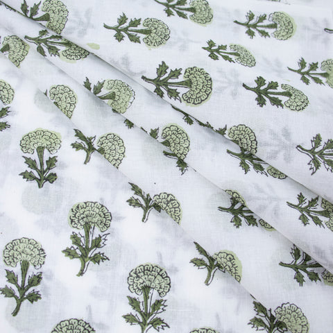 Green & White Floral Print Hand Block Cotton Fabric - 1stFabric