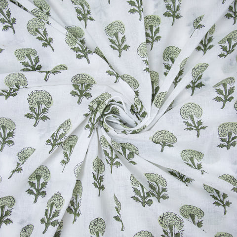 Green & White Floral Print Hand Block Cotton Fabric - 1stFabric