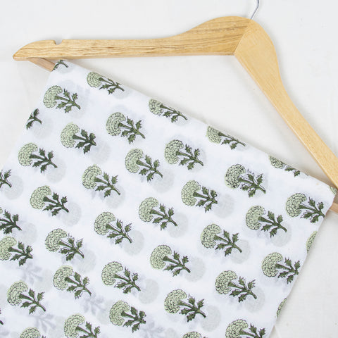 Green & White Floral Print Hand Block Cotton Fabric - 1stFabric
