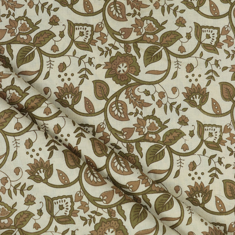 Green & Brown Floral Print Hand Block Cotton Fabric - 1stFabric