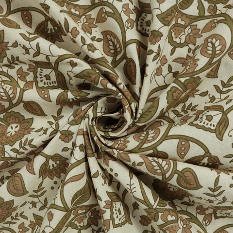 Green & Brown Floral Print Hand Block Cotton Fabric - 1stFabric