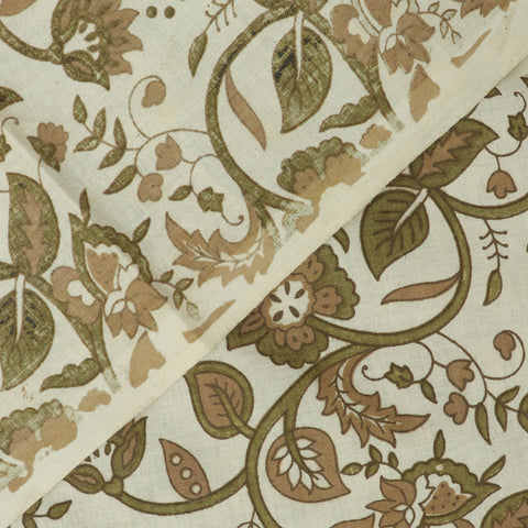 Green & Brown Floral Print Hand Block Cotton Fabric - 1stFabric