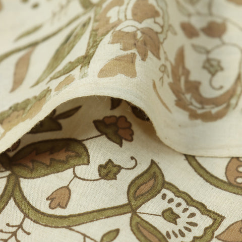 Green & Brown Floral Print Hand Block Cotton Fabric - 1stFabric