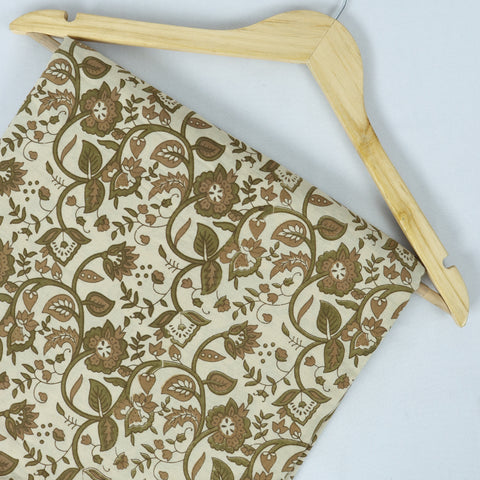 Green & Brown Floral Print Hand Block Cotton Fabric - 1stFabric