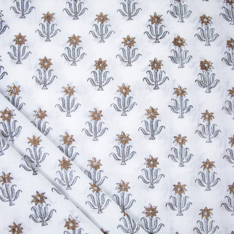 Brown And Grey Floral Print Hand Block Cotton Fabric - 1stFabric