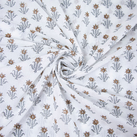 Brown And Grey Floral Print Hand Block Cotton Fabric - 1stFabric