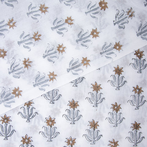 Brown And Grey Floral Print Hand Block Cotton Fabric - 1stFabric