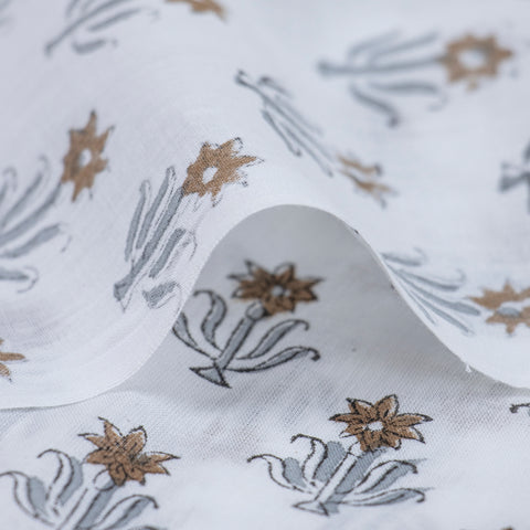 Brown And Grey Floral Print Hand Block Cotton Fabric - 1stFabric