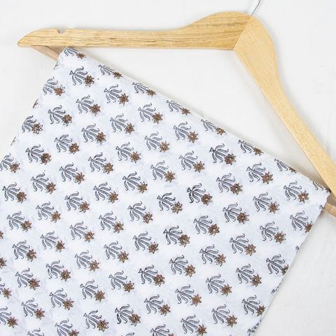Brown And Grey Floral Print Hand Block Cotton Fabric - 1stFabric