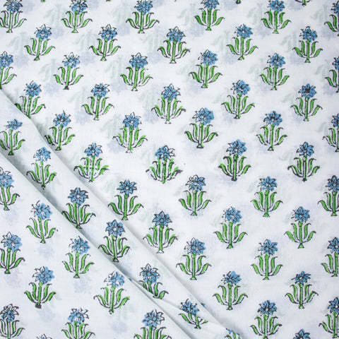 Blue & Green Floral Print Hand Block Cotton Fabric - 1stFabric