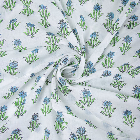 Blue & Green Floral Print Hand Block Cotton Fabric - 1stFabric