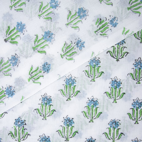 Blue & Green Floral Print Hand Block Cotton Fabric - 1stFabric