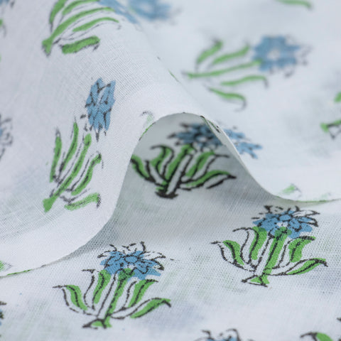 Blue & Green Floral Print Hand Block Cotton Fabric - 1stFabric