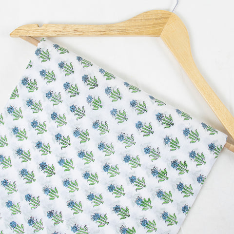 Blue & Green Floral Print Hand Block Cotton Fabric - 1stFabric