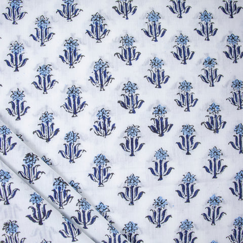 Blue Floral Print Hand Block Cotton Fabric - 1stFabric