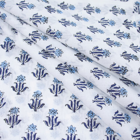 Blue Floral Print Hand Block Cotton Fabric - 1stFabric