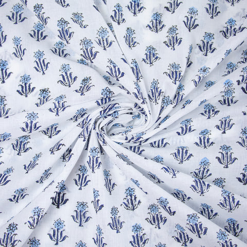 Blue Floral Print Hand Block Cotton Fabric - 1stFabric