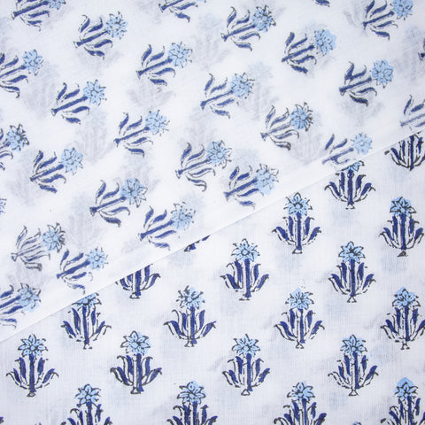 Blue Floral Print Hand Block Cotton Fabric - 1stFabric