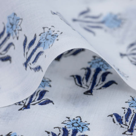 Blue Floral Print Hand Block Cotton Fabric - 1stFabric