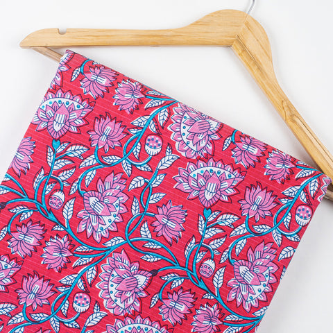 1 Yard Pink Floral Print Hand Block Cotton Kantha Doriya Fabric