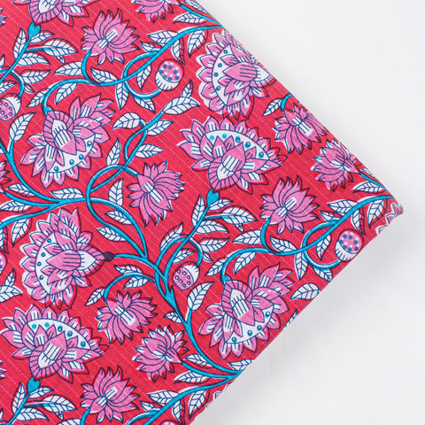 1 Yard Pink Floral Print Hand Block Cotton Kantha Doriya Fabric